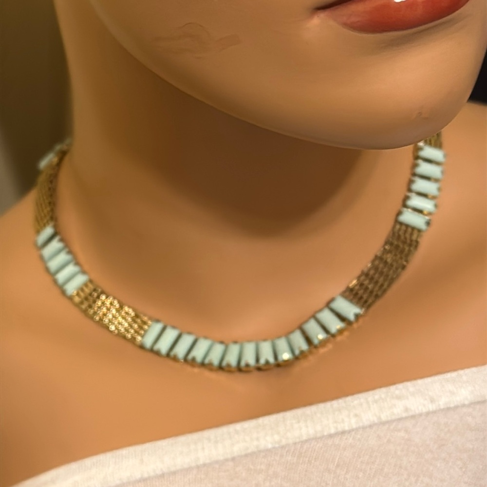 Gold tone link chain and Tiffany color blue beaded collar necklace